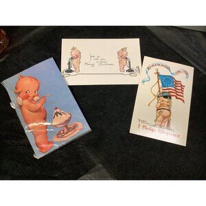 Vintage Kewpie Unused Postcards, Lot of 3-Christmas,Patriotic,Angel w/Dessert